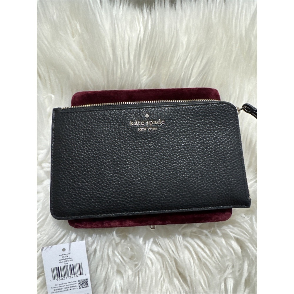 Kate Spade Lucy Pebbled Leather Medium L-Zip Wristlet Wallet Black KE574 $139